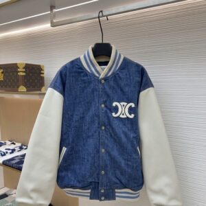 Blue and white Celine Paris Denim Varsity Jacket featuring a Triomphe logo patch and classic striped ribbed trim. Back view of the Celine Paris Denim Varsity Jacket showcasing the bold "CELINE PARIS" white embroidery.