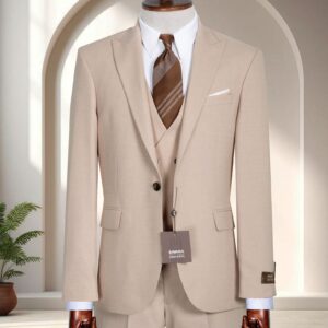 A men's slim-fit beige three-piece suit designed with breathable fabric for summer outdoor formal occasions.