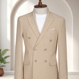 Beige Double-Breasted Suit for Weddings and Business featuring a six-button jacket and peak lapels in textured beige on a mannequin.