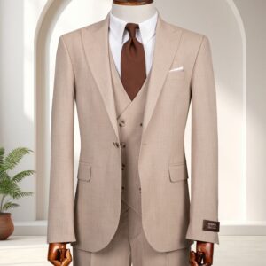 A man’s beige textured three-piece slim-fit suit featuring a double-breasted waistcoat and a solid brown silk tie on a mannequin.