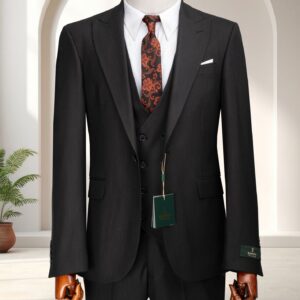 Black Three-Piece Suit for Prom Galas and Business featuring a single-breasted jacket and waistcoat in textured black on a mannequin.