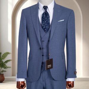 A men's slim-fit blue three-piece suit ideal for spring business meetings and professional environments.