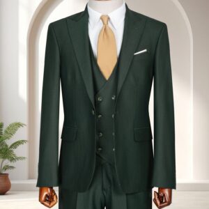 Dark Green Three-Piece Suit for Weddings and Business featuring a dark green jacket and trousers with a contrasting light-coloured textured waistcoat on a mannequin.