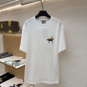 A premium Dior White Horse Logo T-Shirt hanging on a black hanger, showing the front view with a colorful horse logo and a clean back view.