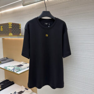 Fendi Black Logo T-Shirt in premium black cotton with a small yellow embroidered FF logo on the chest.