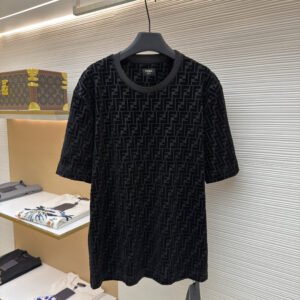 Fendi, Black T-Shirt, Velvet Monogram, Men's Luxury, FF Logo, Devoré Fabric, Designer Tee, Italian Style, Textural Streetwear, Premium Velvet