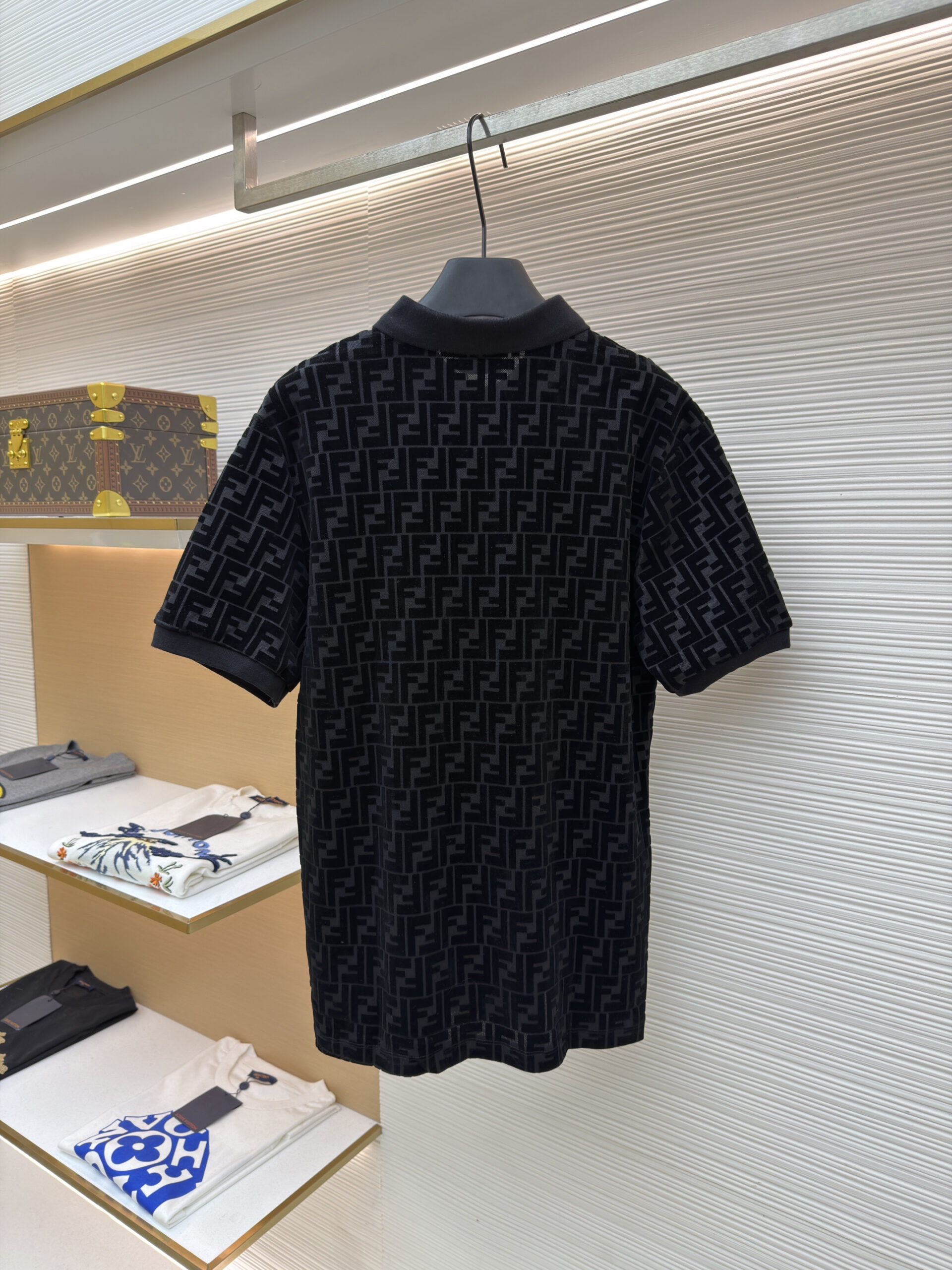 Fendi Men’s Black FF Monogram Velvet Polo Shirt - Image 3