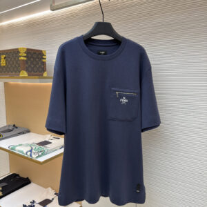 Fendi Navy Blue Pocket T-Shirt in heavy-weight navy blue cotton featuring a zippered chest pocket and white Fendi Roma logo.