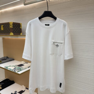 Fendi White Pocket T-Shirt in heavy-weight white cotton featuring a zippered chest pocket and black logo