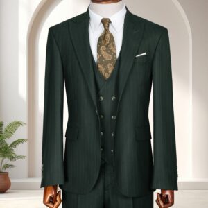 A men's slim-fit forest green three-piece suit with subtle pinstripes and a double-breasted waistcoat for summer business.