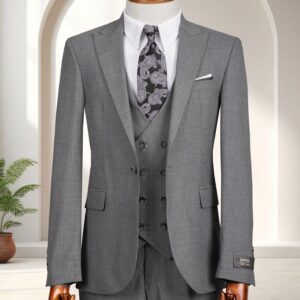 A men's slim-fit grey three-piece suit with a textured finish, ideal for spring business meetings.
