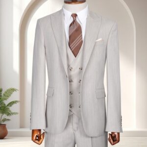 A men's slim-fit light grey three-piece suit featuring a double-breasted waistcoat for summer business occasions.