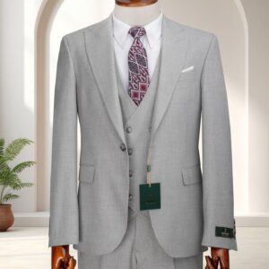 Light Grey Three-Piece Suit for Weddings and Business featuring a single-breasted jacket and waistcoat on a mannequin.