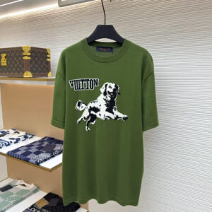 A premium Louis Vuitton Green Dog Intarsia T-Shirt in olive green, hanging on a black hanger, showing the front view with a dog motif and the back view with varsity branding.