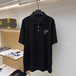 A premium Louis Vuitton Men’s Black Textured Piqué Embroidered Signature Polo Shirt in black, hanging on a black hanger, showing the front view with white embroidered branding and the back view.