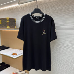 A high-quality Moncler Black Embroidered Rooster T-Shirt featuring a striped collar and detailed chest embroidery.