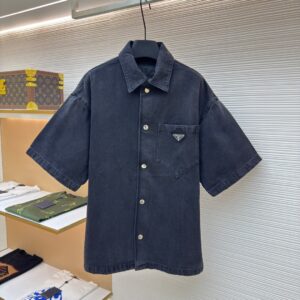 Prada Enameled Triangle Logo Short Sleeve Denim Shirt Black