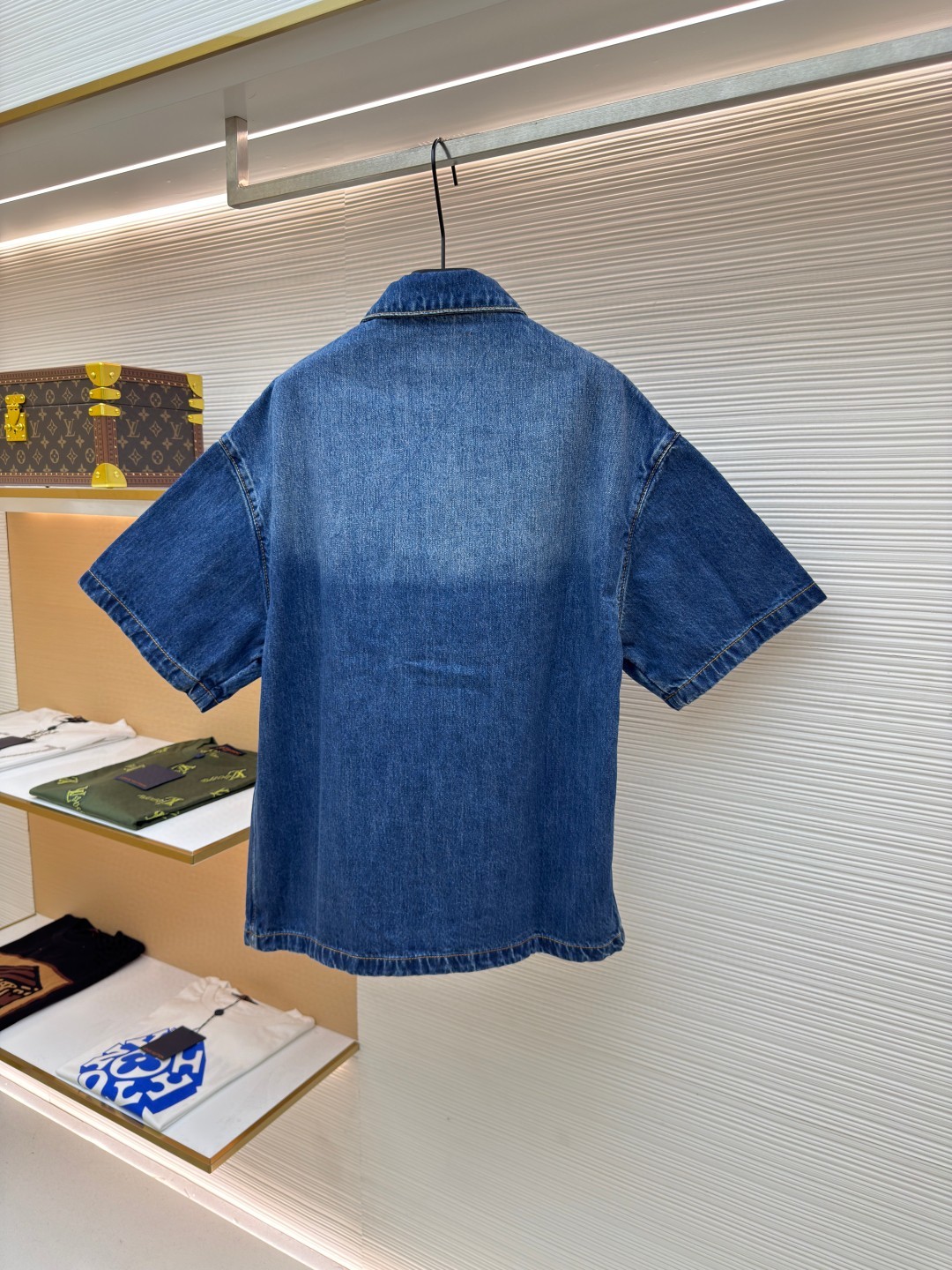 Prada Enameled Triangle Logo Short Sleeve Denim Shirt Blue - Image 3