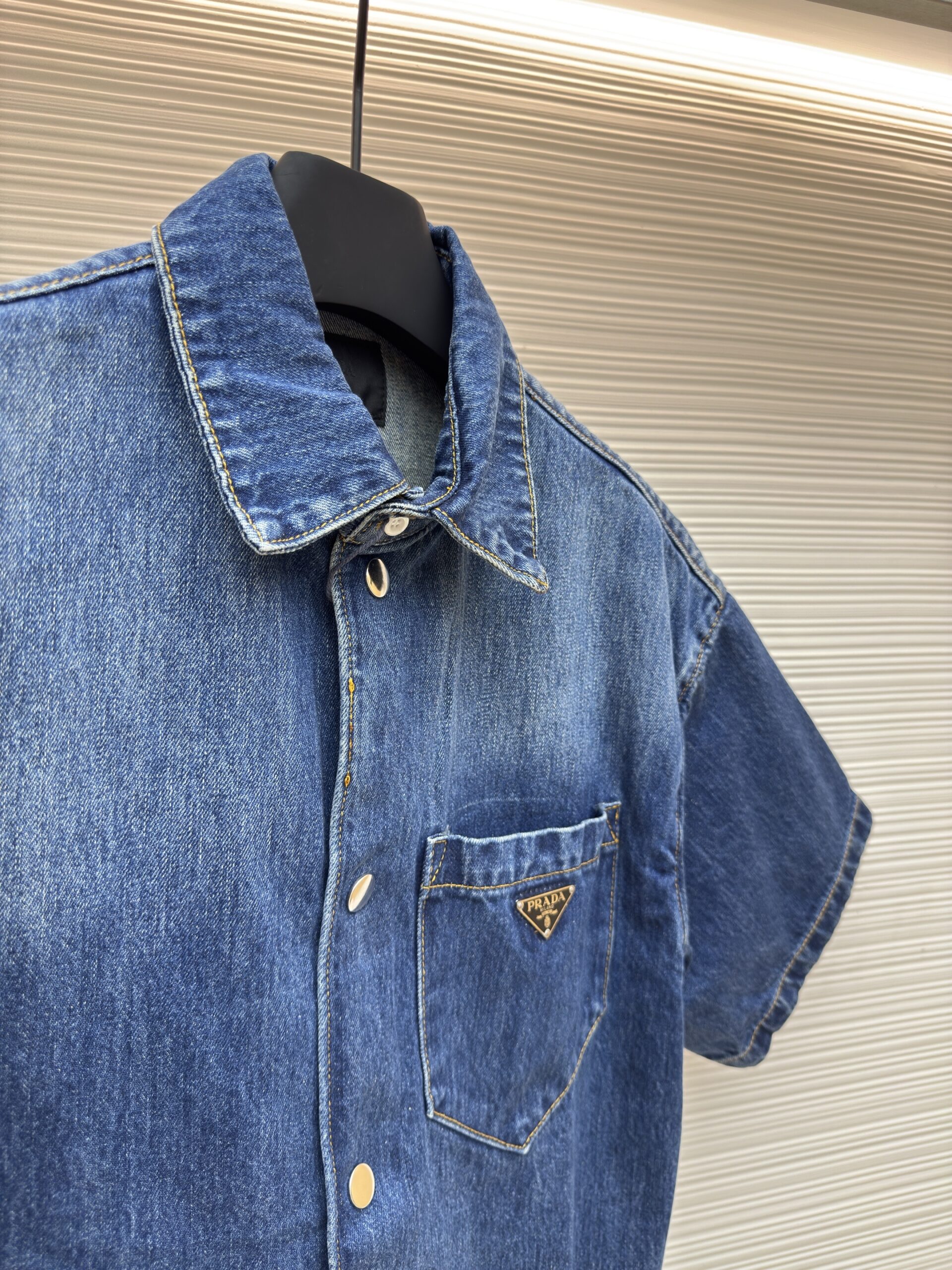 Prada Enameled Triangle Logo Short Sleeve Denim Shirt Blue - Image 2