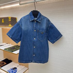 Prada Enameled Triangle Logo Short Sleeve Denim Shirt Blue