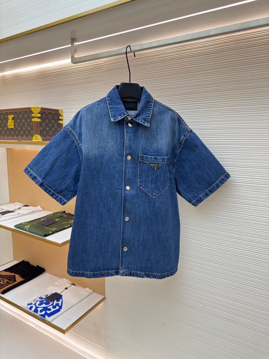 Prada Enameled Triangle Logo Short Sleeve Denim Shirt Blue