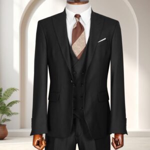 A Premium Black Three-Piece Suit featuring a double-breasted waistcoat and brown striped tie on a wooden mannequin.