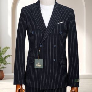 A Premium Navy Pinstripe Double-Breasted Suit with peak lapels and a six-button front displayed on a wooden mannequin