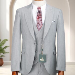 A Premium Silver Micro-Weave Three-Piece Suit featuring a double-breasted waistcoat and black paisley tie on a wooden mannequin.