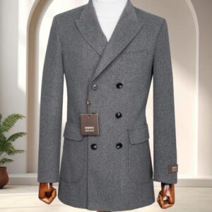 A men's mid-grey double-breasted formal jacket displayed on a wooden mannequin.