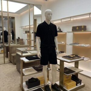 A premium Fendi Men’s Black FF Monogram Velvet 2-Piece set in black, showing the matching polo shirt and drawstring shorts with the all-over FF logo