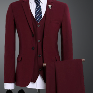 Men's slim fit burgundy 3-piece suit with single-button blazer, waistcoat and flat-front trousers on mannequin