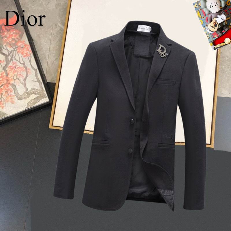 Dior style charcoal grey single-breasted tailored blazer with a silvertone script logo pin on the notched lapel.