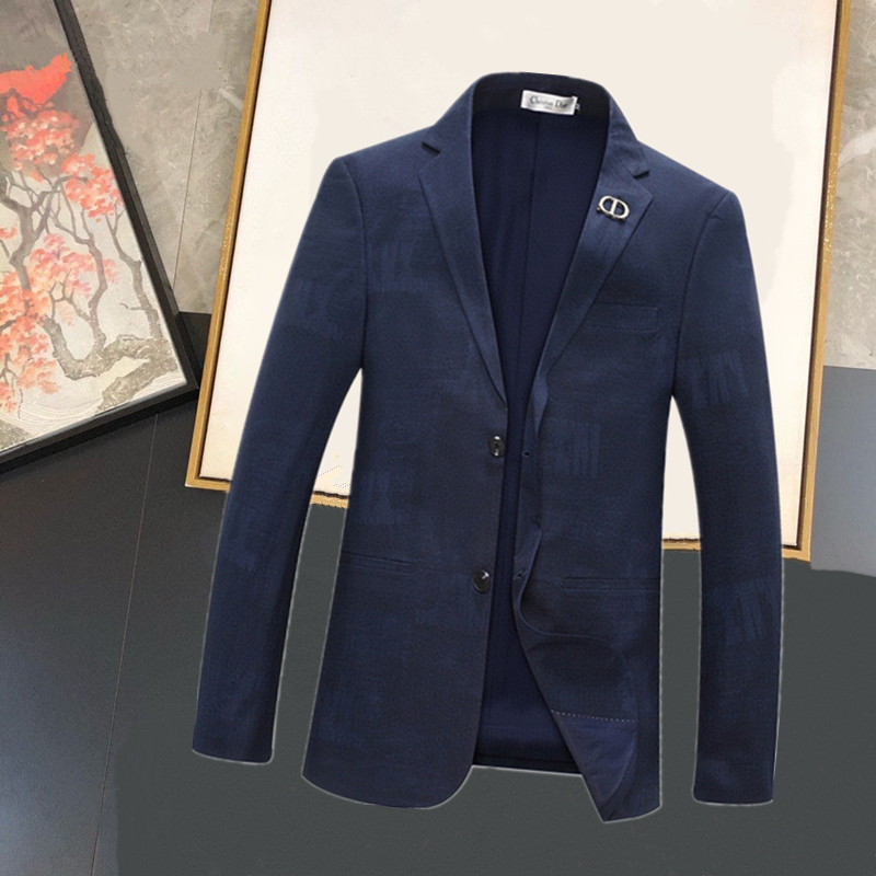 Dior style navy blue single-breasted blazer with a tonal monogram jacquard print and a silver CD pin on the notched lapel.