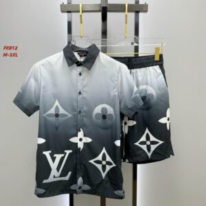 A men's matching two-piece casual set featuring a black and grey gradient short-sleeve button-up shirt and shorts with large white monogram patterns.