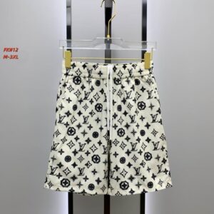 A pair of men's casual off-white shorts hanging from a clear hanger, covered in an all-over black monogram print and featuring a white adjustable drawstring.