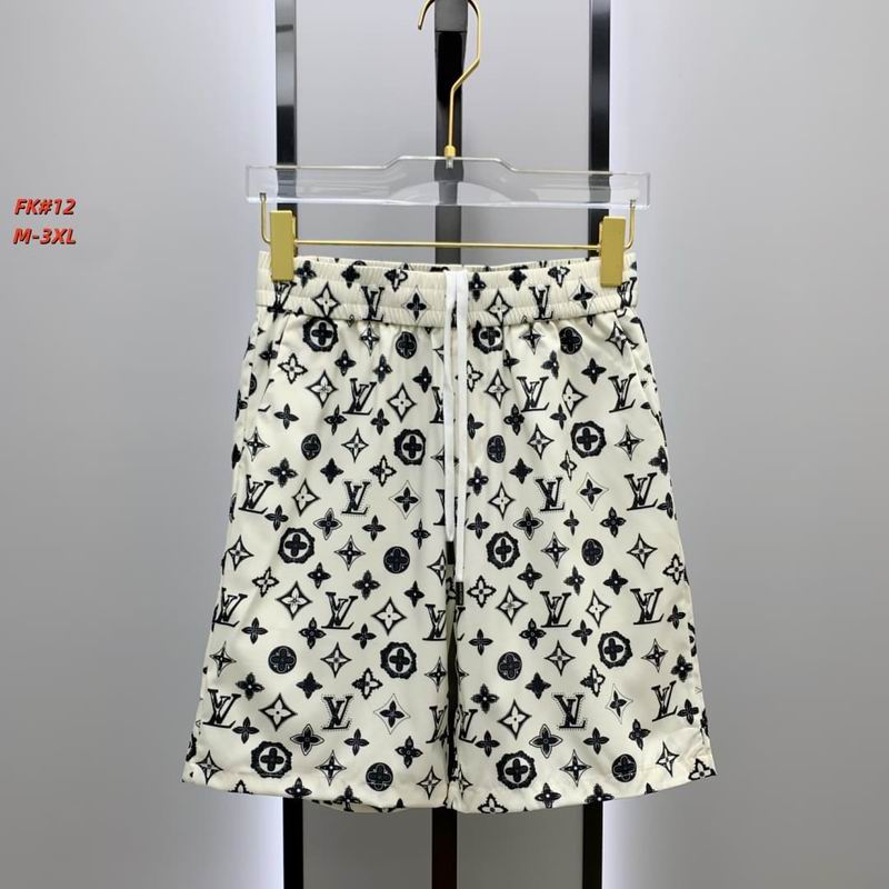 A pair of men's casual off-white shorts hanging from a clear hanger, covered in an all-over black monogram print and featuring a white adjustable drawstring.