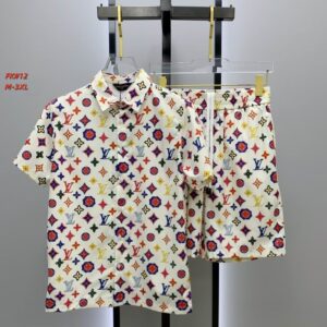 A men's matching two-piece casual set featuring a cream short-sleeve button-up shirt and shorts, both covered in an all-over colorful monogram print.