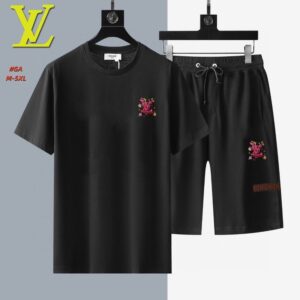 A men's solid black matching two-piece casual set featuring a short-sleeve crewneck t-shirt and drawstring shorts with a pink graphic logo embroidered on both.