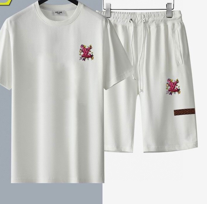A men's matching white two-piece casual apparel set including a crewneck t-shirt and elastic drawstring shorts, both detailed with a pink embroidered emblem.