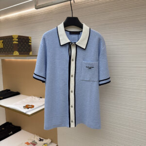 Louis Vuitton Contrast Trim Light Blue Waffle-Knit Polo Shirt