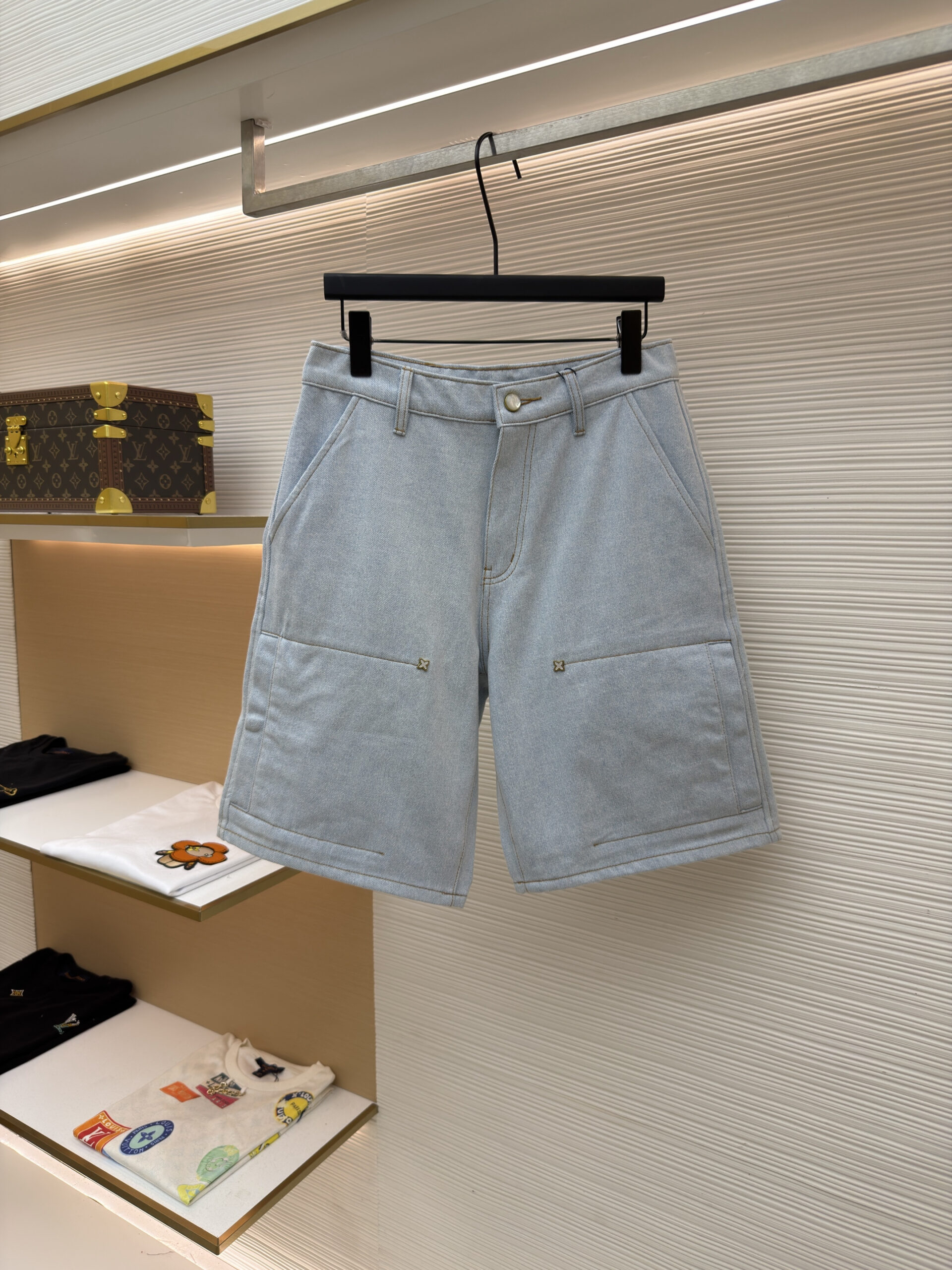 Louis Vuitton Embroidered Light Blue Denim Carpenter Shorts