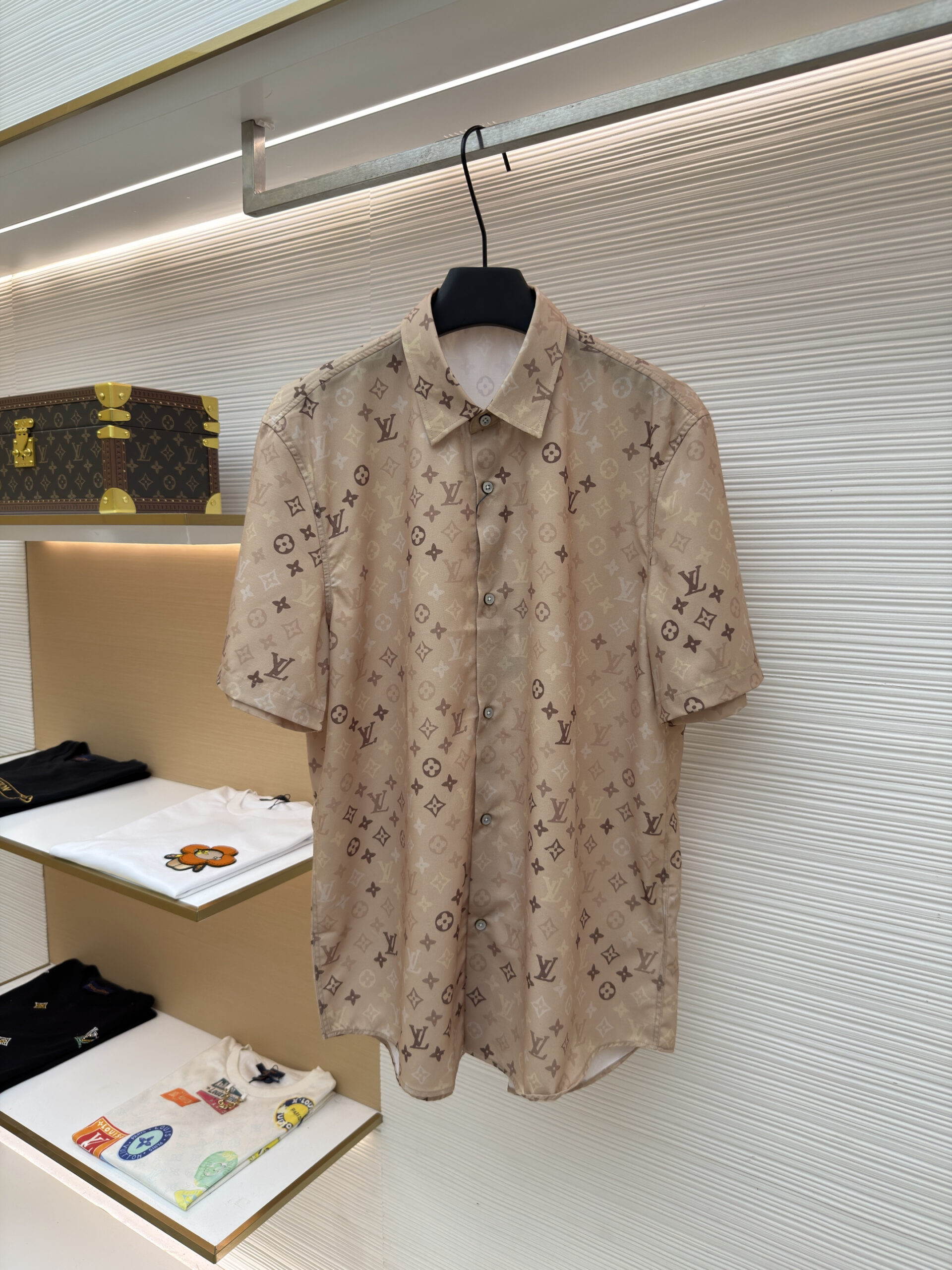 Louis Vuitton Monogram Silk Beige Short-Sleeve Shirt