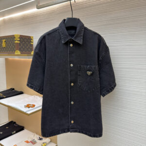 Prada Logo Short-Sleeve Black Denim Shirt