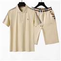 Men's Beige Vintage Check Trim Polo and Shorts Set