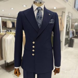 Men's Navy Blue Asymmetrical Double-Breasted Suit