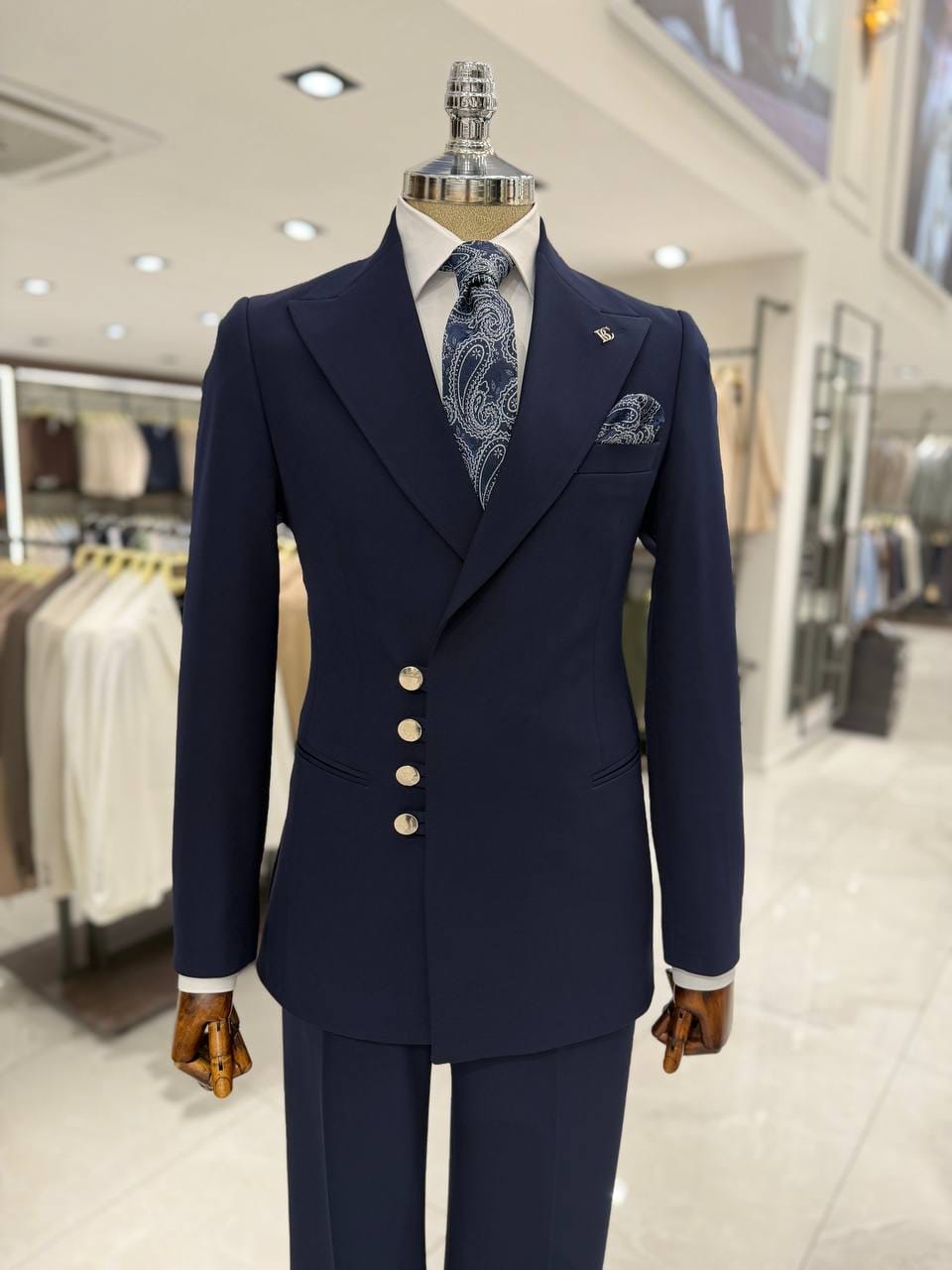 Men's Navy Blue Asymmetrical Double-Breasted Suit