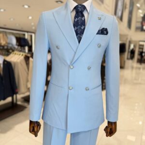 Men's Sky Blue Double Breasted Formal Suit 2 Piece Blazer and Trouser Set