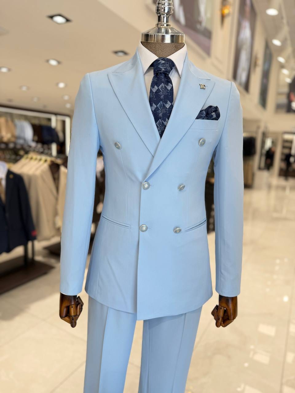 Men's Sky Blue Double Breasted Formal Suit 2 Piece Blazer and Trouser Set
