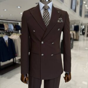 Men's Brown Double Breasted Formal Suit 2 Piece Blazer and Trouser Set
