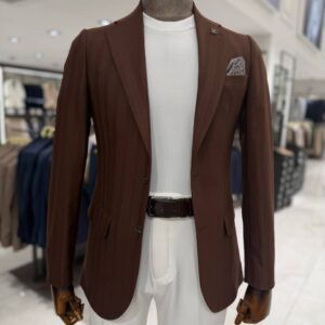 Men's Brown Pinstripe Tailored Blazer for Office Wear and Formal Events